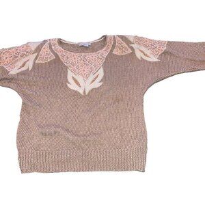 Nannell Vintage Womens Sweater Size Large Tan Puff Sleeve Leather Lace Knit